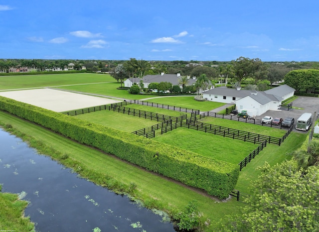 aerial view featuring a water view and a rural view