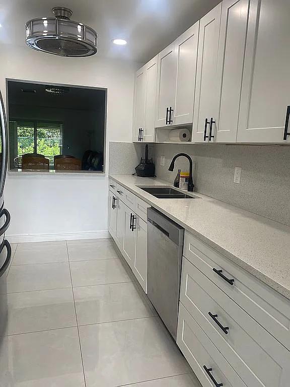 kitchen featuring decorative backsplash, white cabinetry, stainless steel dishwasher, and sink