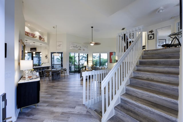 stairway with hardwood / wood-style flooring