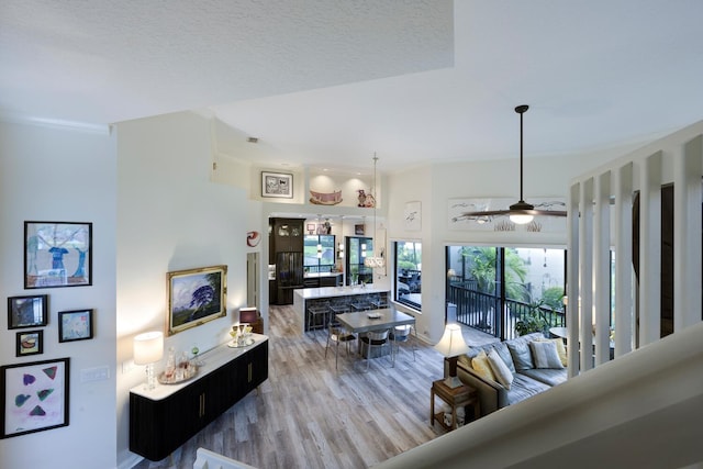 living room featuring ceiling fan, wood-type flooring, and a textured ceiling