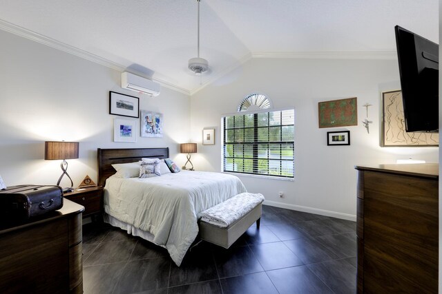 bedroom featuring ceiling fan, dark hardwood / wood-style floors, and crown molding