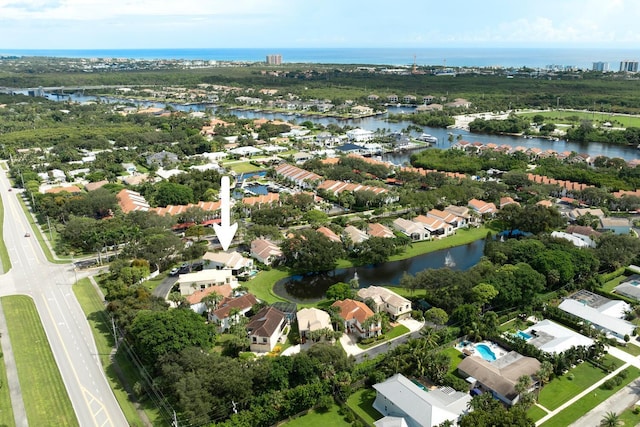 aerial view featuring a water view