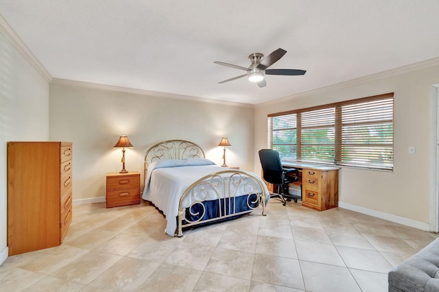 bedroom featuring ceiling fan, light tile patterned floors, and crown molding