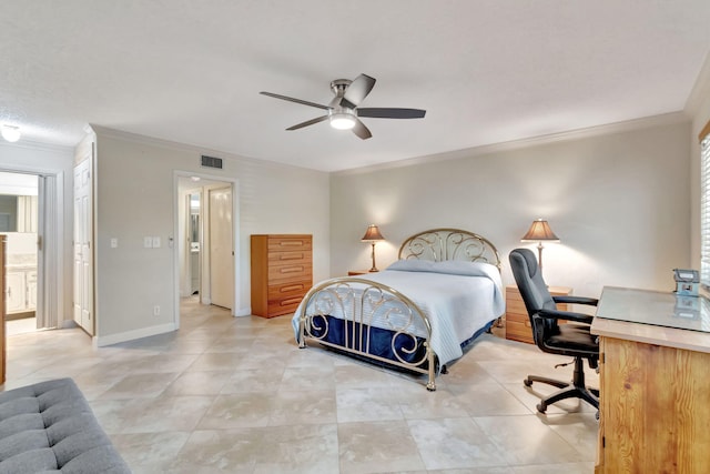 bedroom featuring multiple windows, crown molding, and ceiling fan