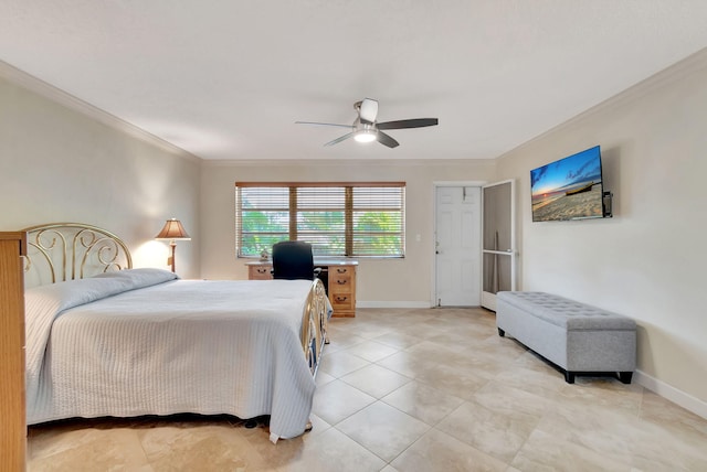 bedroom featuring ceiling fan and crown molding