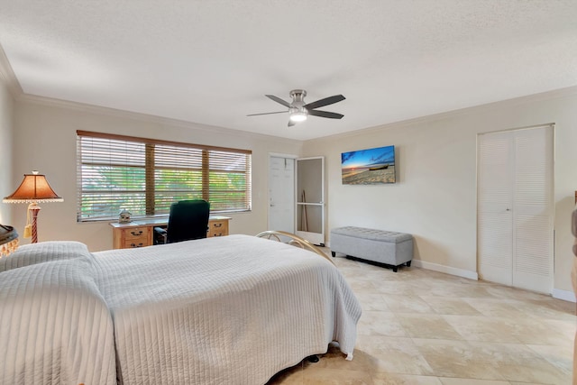 bedroom with ornamental molding, ceiling fan, and a textured ceiling