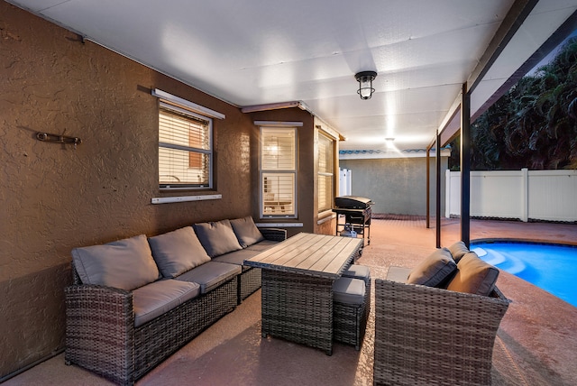 view of patio / terrace with a fenced in pool, outdoor lounge area, and a grill