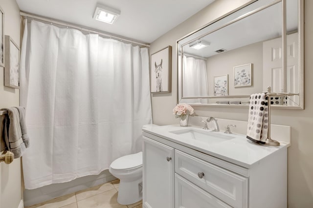 full bathroom with vanity, toilet, shower / tub combo with curtain, and tile patterned floors