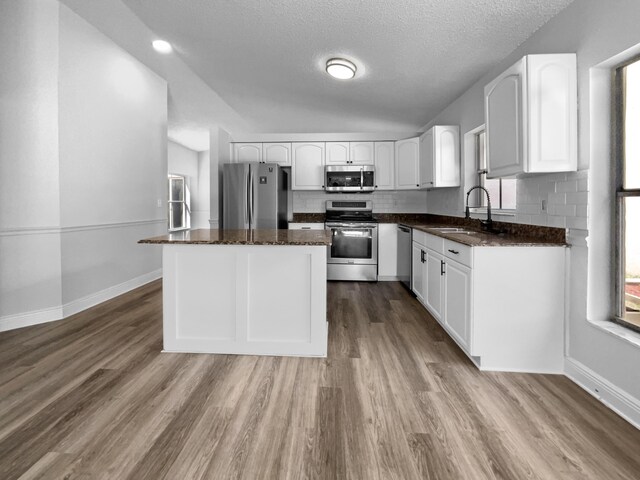 kitchen featuring a healthy amount of sunlight, a kitchen island, stainless steel appliances, and sink