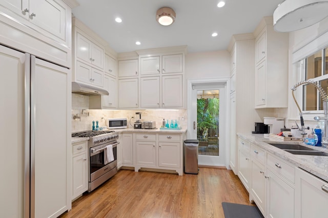 kitchen with light hardwood / wood-style flooring, high end appliances, white cabinetry, and sink