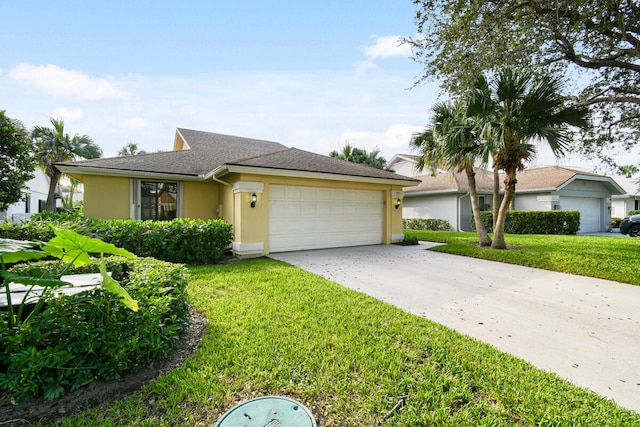 ranch-style home with a garage and a front yard