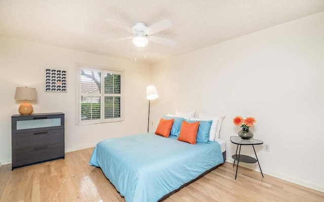 bedroom featuring ceiling fan and light wood-type flooring