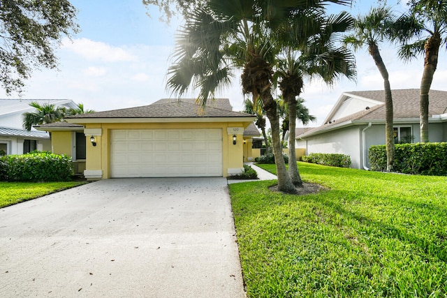 ranch-style home featuring a garage and a front lawn