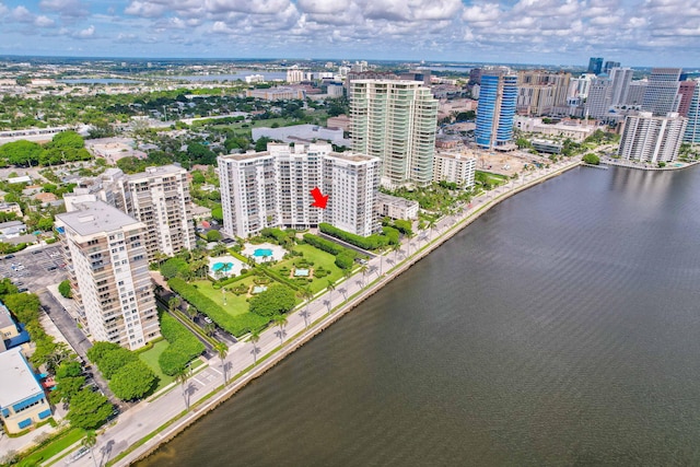 bird's eye view with a water view