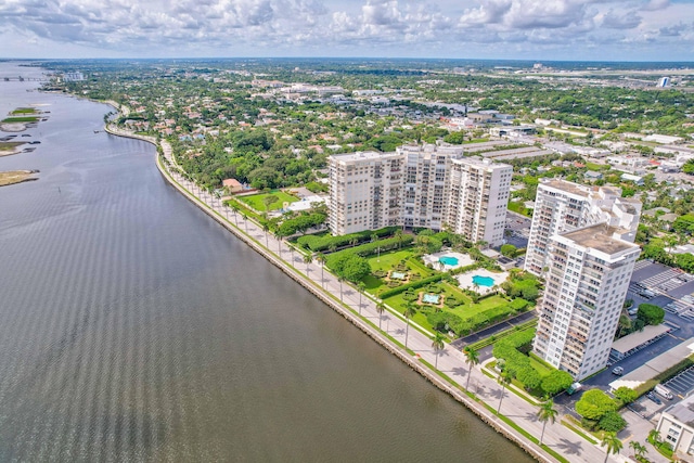 drone / aerial view with a water view