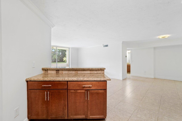 kitchen with light stone counters and a textured ceiling