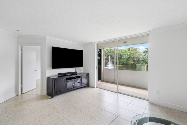 unfurnished living room featuring a textured ceiling, light tile patterned floors, and crown molding