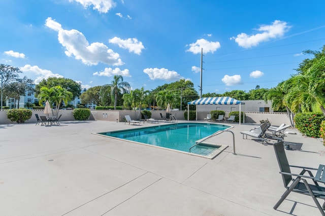 view of swimming pool featuring a patio area