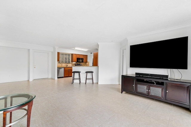 living room featuring ornamental molding and sink