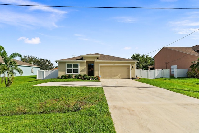 view of front of home with a front yard and a garage