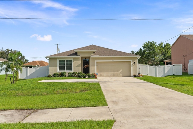 view of front of property with a front yard and a garage