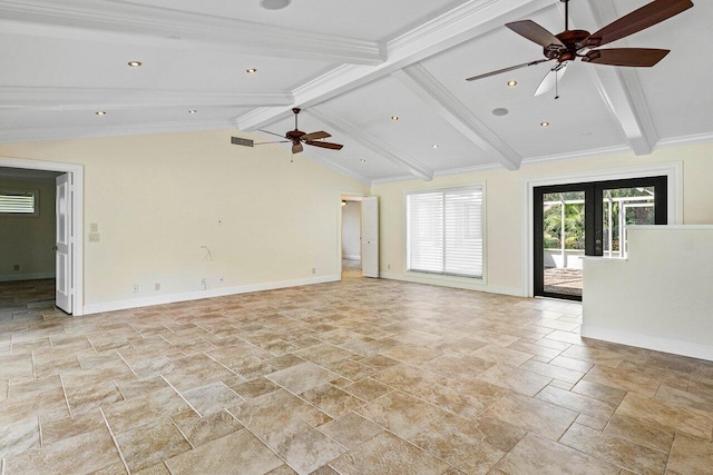 unfurnished living room with lofted ceiling with beams, ceiling fan, french doors, and crown molding