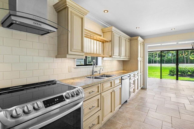 kitchen with tasteful backsplash, sink, appliances with stainless steel finishes, extractor fan, and ornamental molding