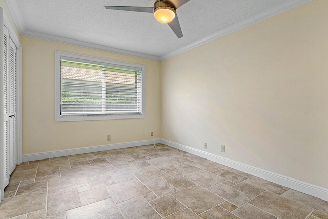 unfurnished bedroom with crown molding, ceiling fan, and a closet