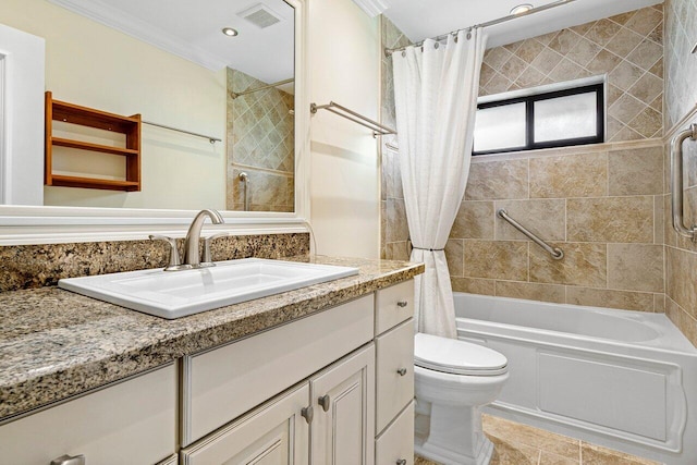 full bathroom with shower / tub combo, tile patterned floors, ornamental molding, vanity, and toilet