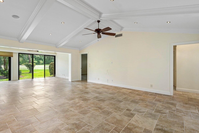 spare room with vaulted ceiling with beams, crown molding, and ceiling fan