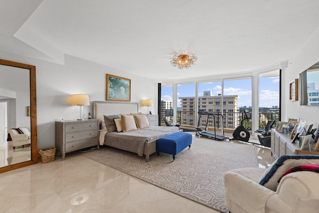 tiled bedroom featuring floor to ceiling windows and access to outside