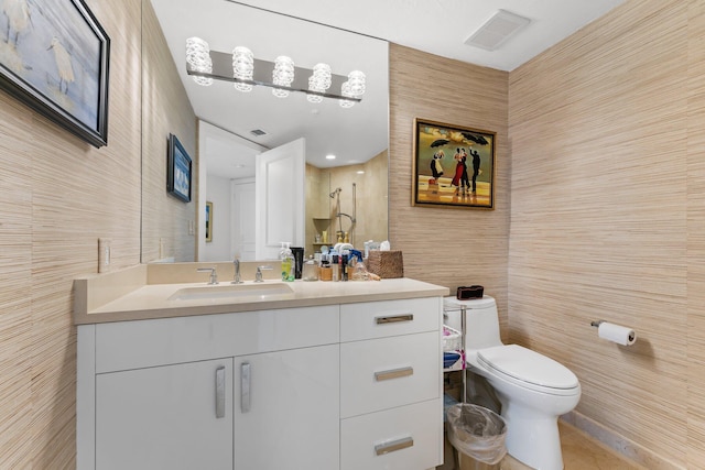 bathroom with vanity, toilet, and a shower