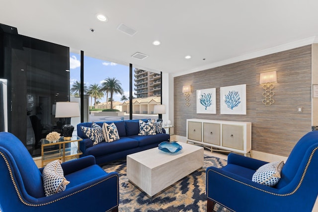 living room featuring expansive windows