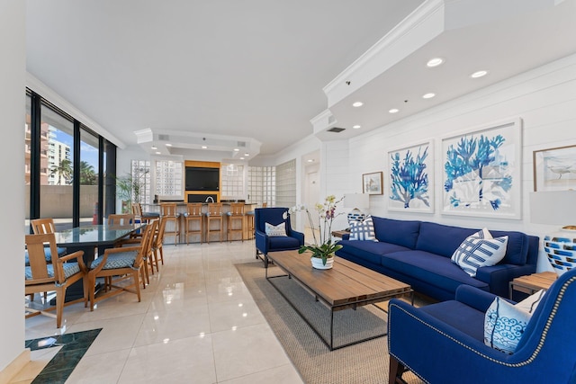 living room with tile patterned floors