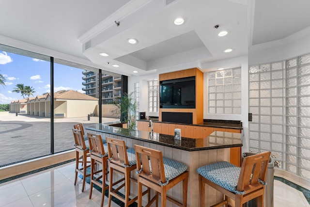 kitchen featuring a kitchen breakfast bar, light tile patterned floors, a tray ceiling, a healthy amount of sunlight, and ornamental molding