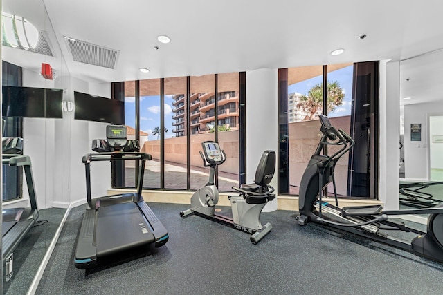 exercise room featuring floor to ceiling windows