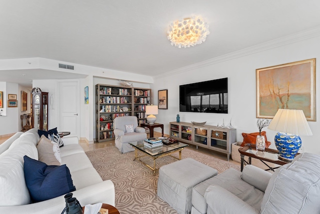 living room with crown molding