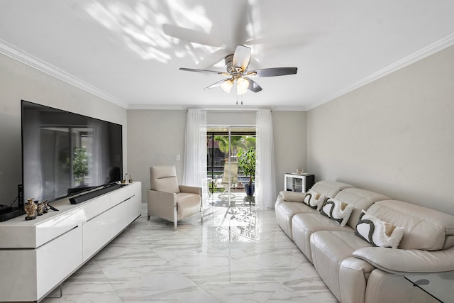 living room featuring ceiling fan and crown molding