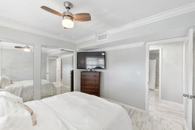 bedroom featuring ceiling fan and crown molding