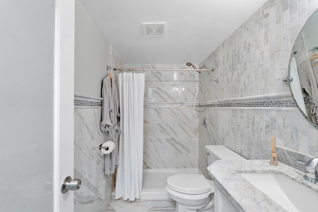 bathroom featuring a shower with curtain, toilet, tile walls, and vanity