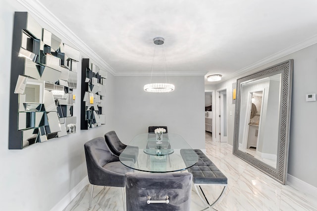 dining space with ornamental molding and a notable chandelier