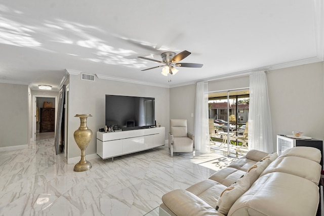 living room featuring crown molding and ceiling fan