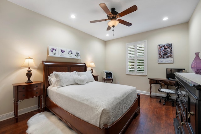 bedroom featuring ceiling fan and dark wood-type flooring