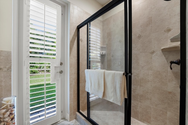 bathroom featuring walk in shower and a healthy amount of sunlight