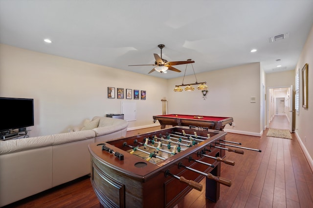 playroom with dark wood-type flooring, ceiling fan, and billiards