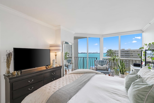 bedroom featuring expansive windows and ornamental molding