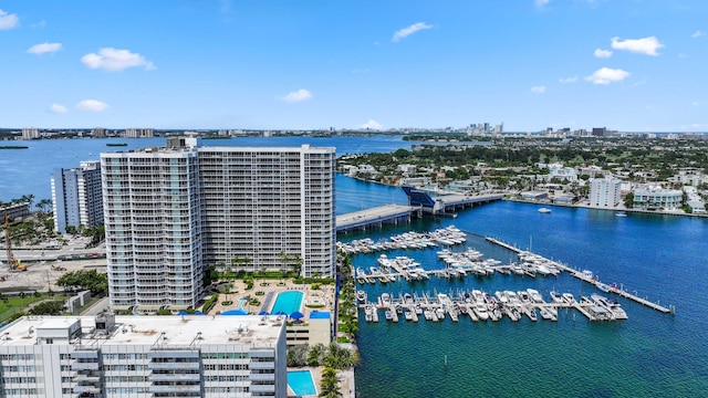 bird's eye view with a water view