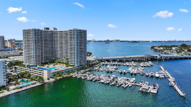 drone / aerial view with a water view