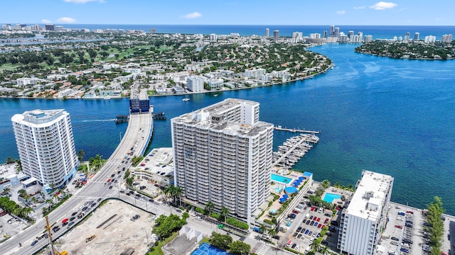 drone / aerial view with a water view