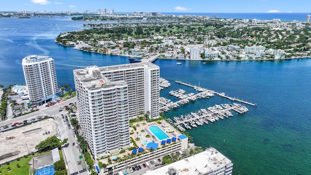 aerial view featuring a water view